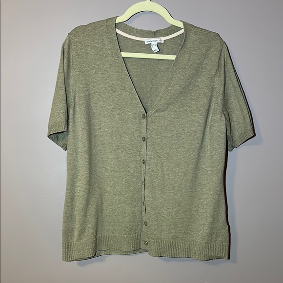 Isaac Mizrahi Live Taupe Brown V-Neck Button Up Sweater Short Sleeve - L - Picture 1 of 5